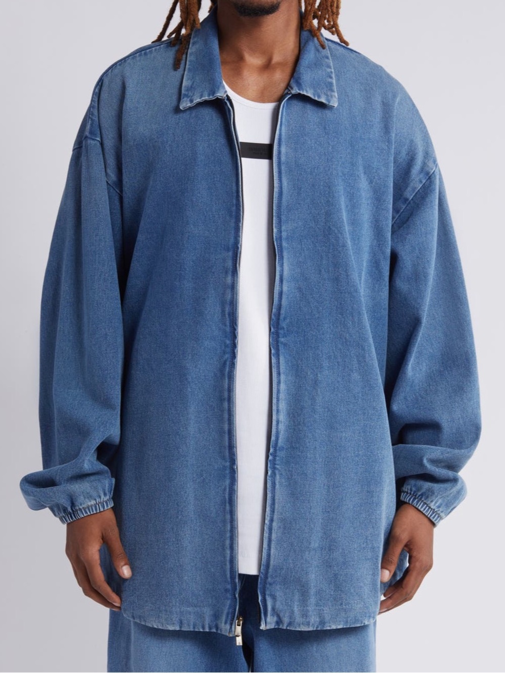 NWT Fear Of God Essentials Light Blue Denim Jacket L Mens Overshirt Med Wash